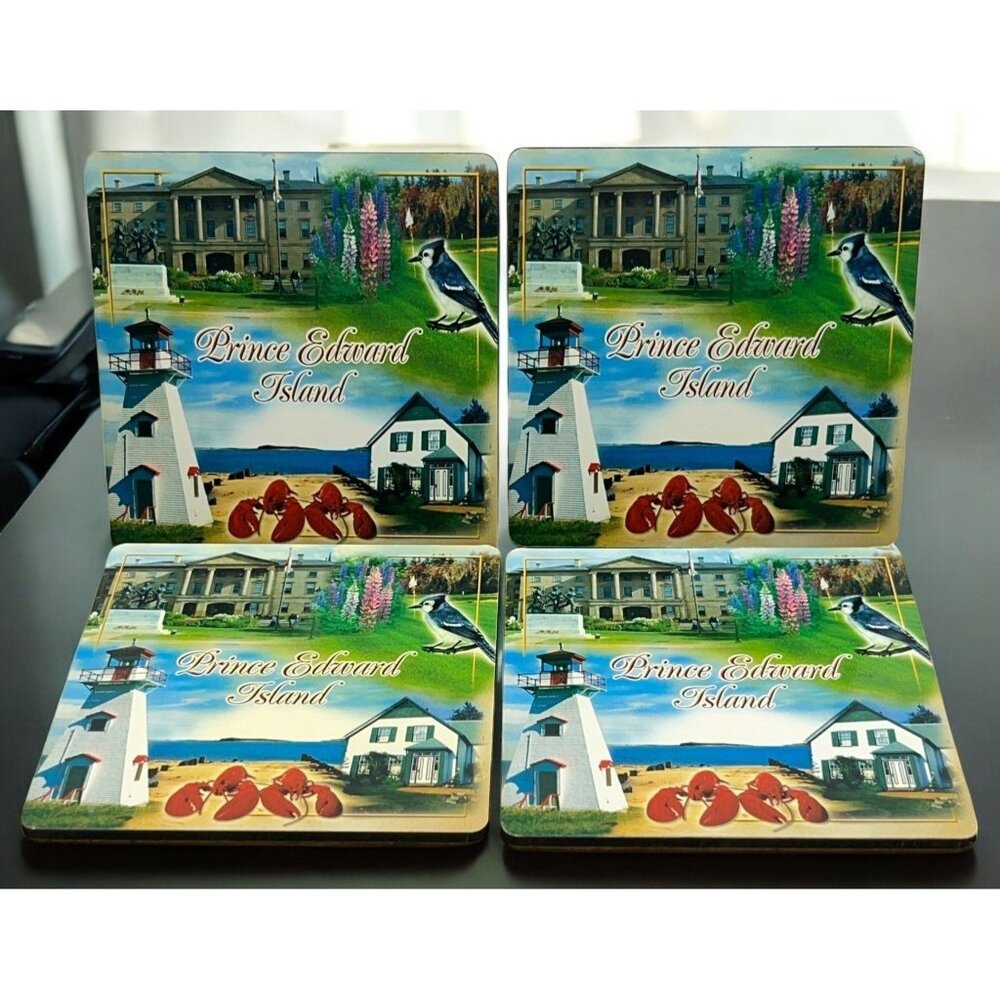 Prince Edward Island Themed Coasters Set of 4 Square Beach Lighthouse Lobster